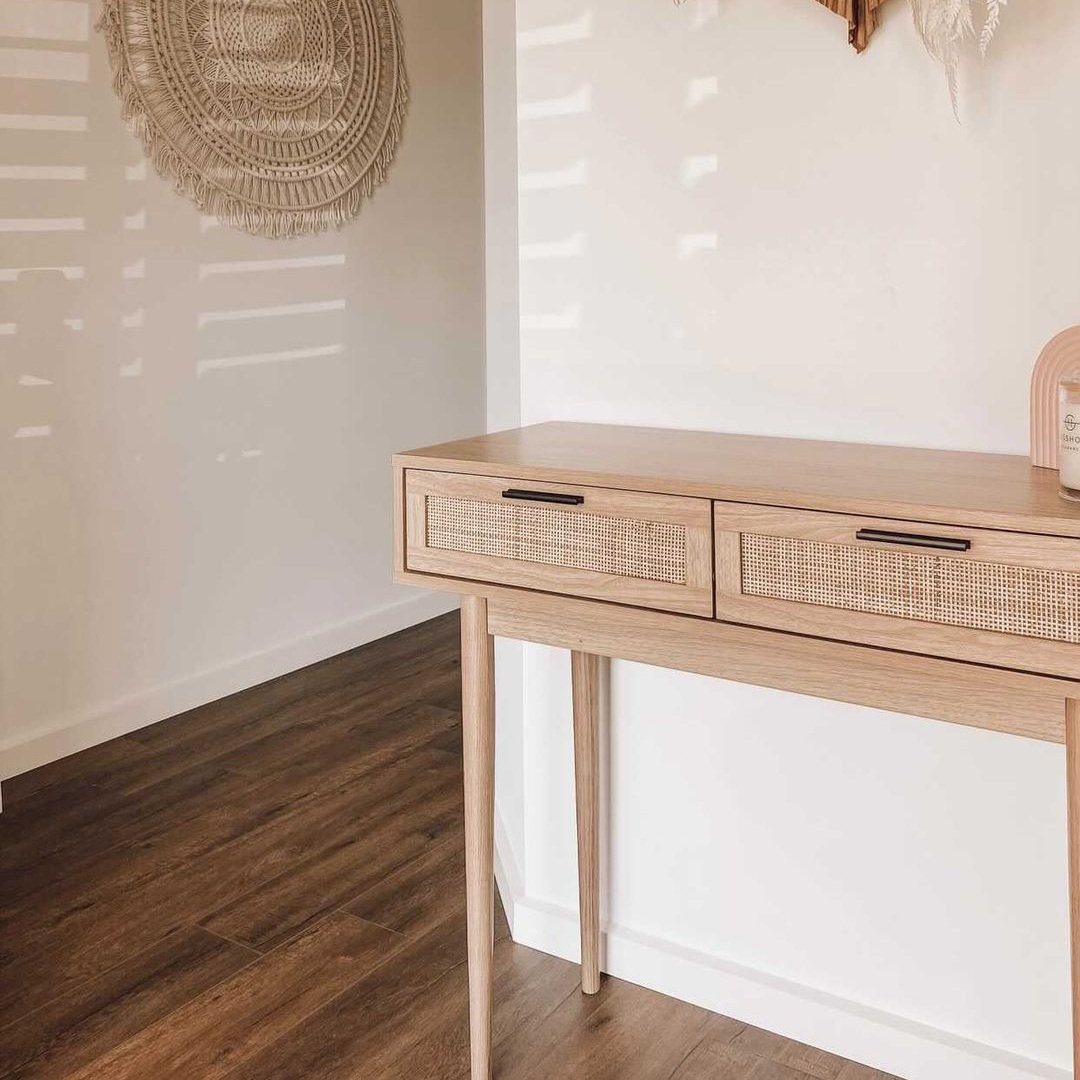 Modern Home Furniture Decor Rattan Console Tables Drawer Storage Wood Console Table With Solid Wood Legs