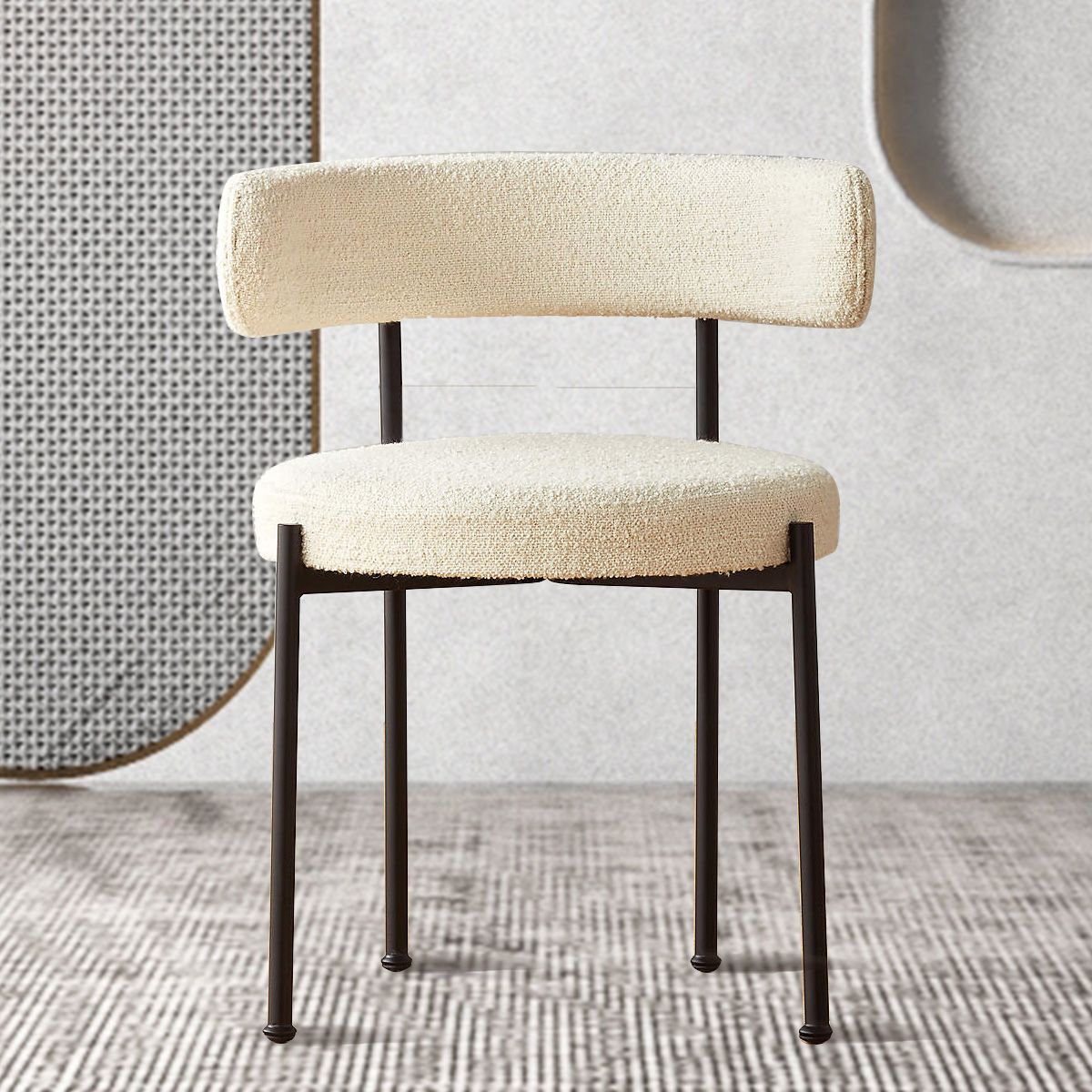 Mid Century Modern Cream White Wool Blend Lambswool Fabric Black Metal Leg Restaurant Boucle Dining Chair
