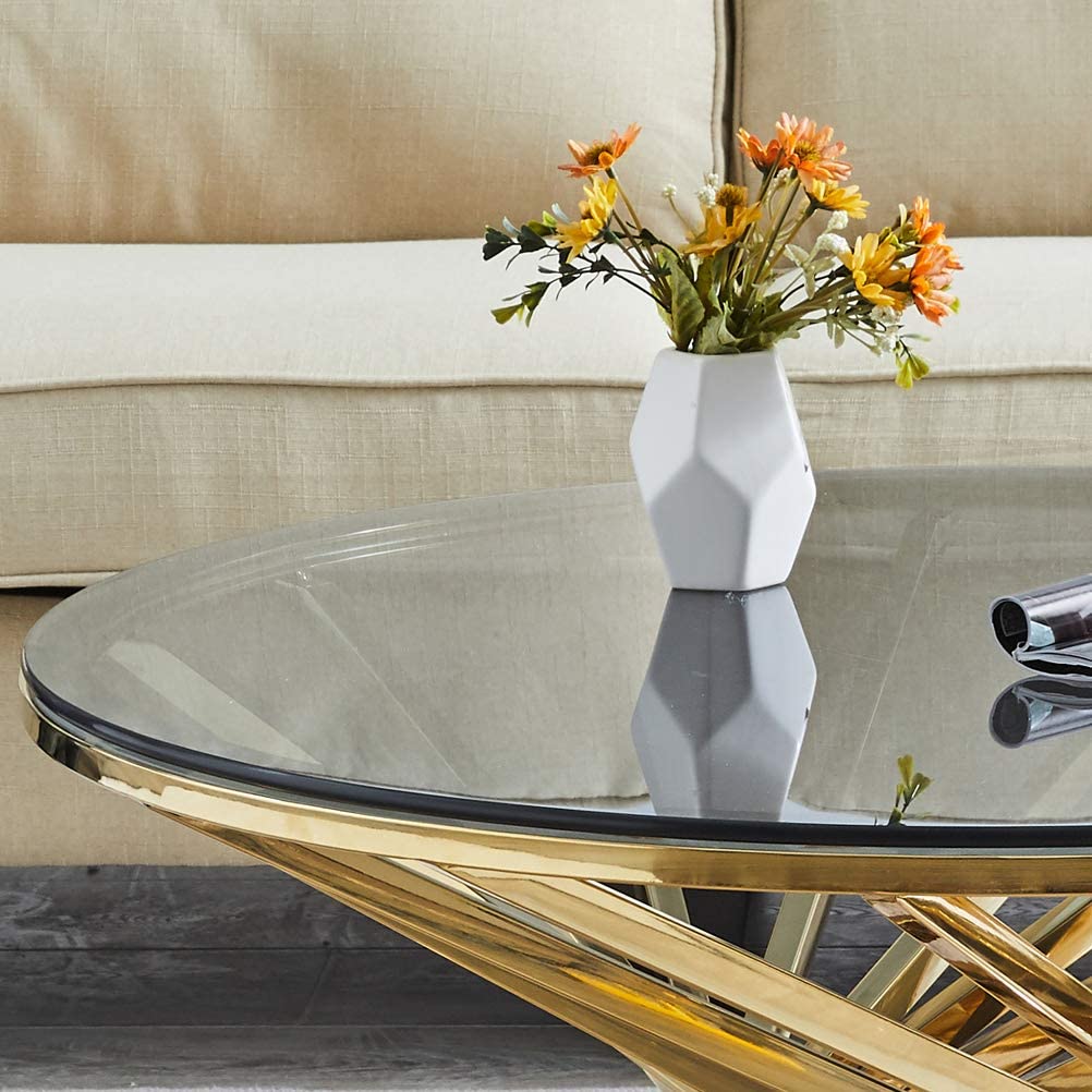 Luxury Coffee Table Living Room Furniture Clear Tempered Glass Table Top Gold Metal Stainless Steel Round Coffee Table