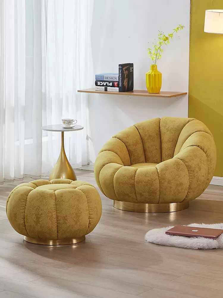 Cream White Channeled Pumpkin Shaped Boucle Swivel Lounge Chair With Footstool