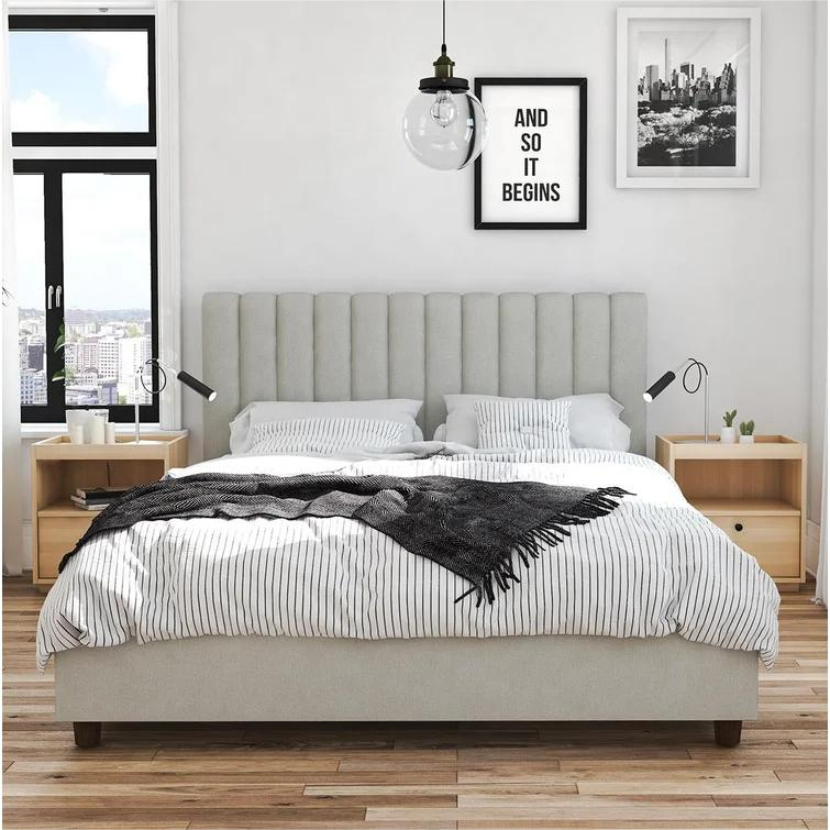 Modern Nordic Fabric King Queen Bunk Bed Home Furniture Wood Frame Up-holstered Beds