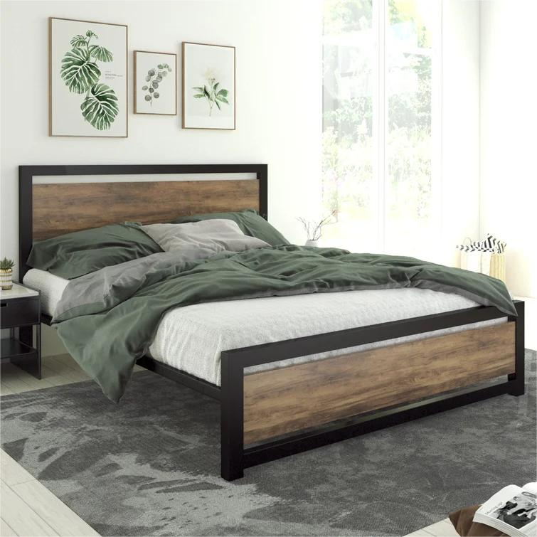 Factory Price Modern Industrial Metal Beds and Particle Board Platform Cama Steel Iron Double Bed