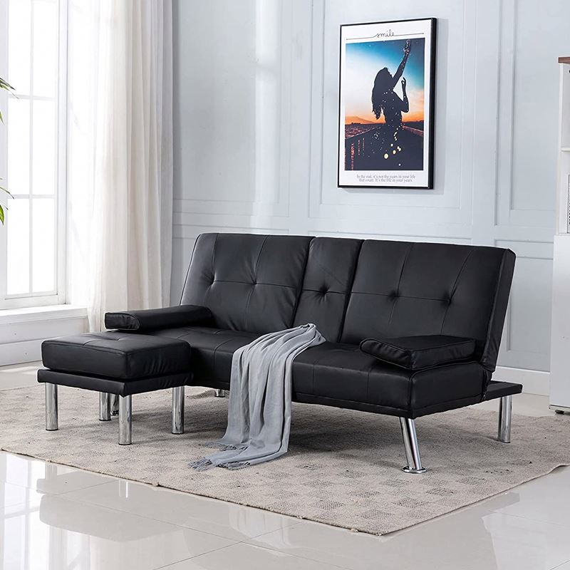 Lounge Dark Leather Couch Futon Sofa Bed Set Furniture Living Room