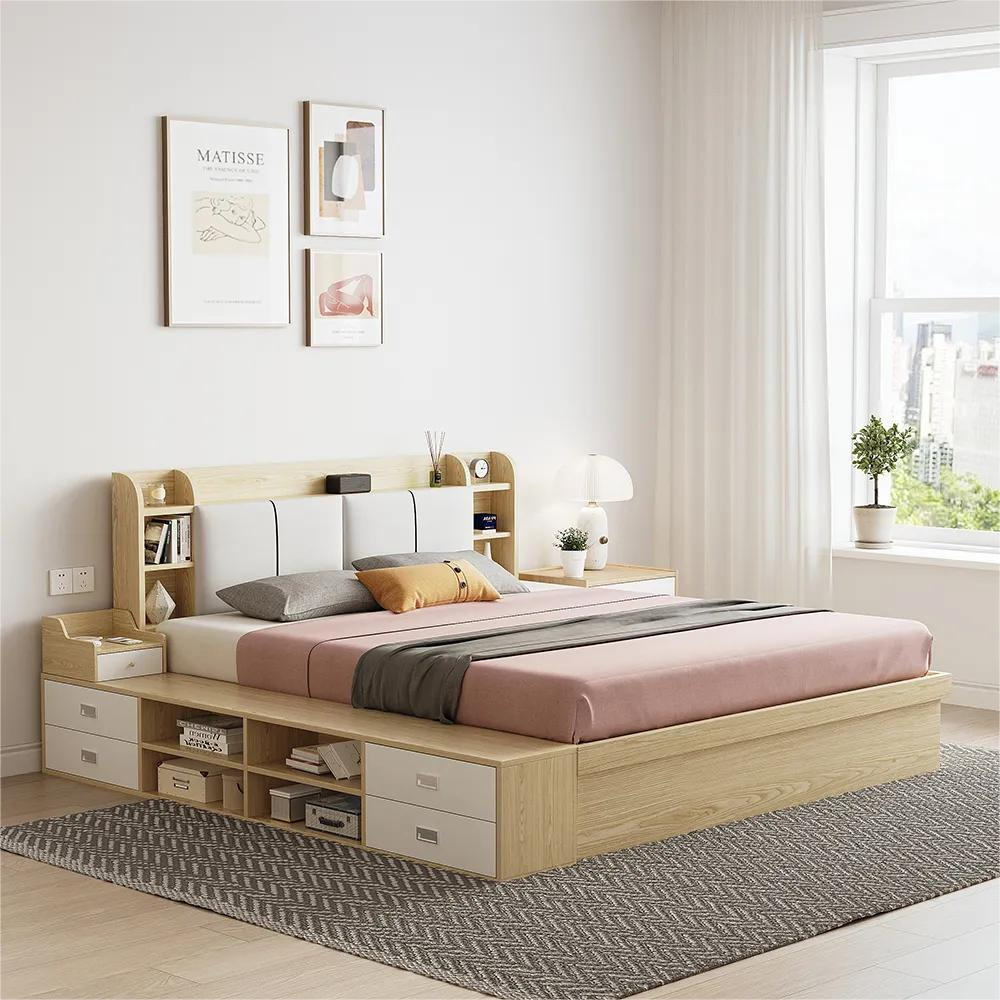  Modern Design Wooden Bedding Set Bedroom Furniture Storage Fabric Headboard King Size Bed With Drawer