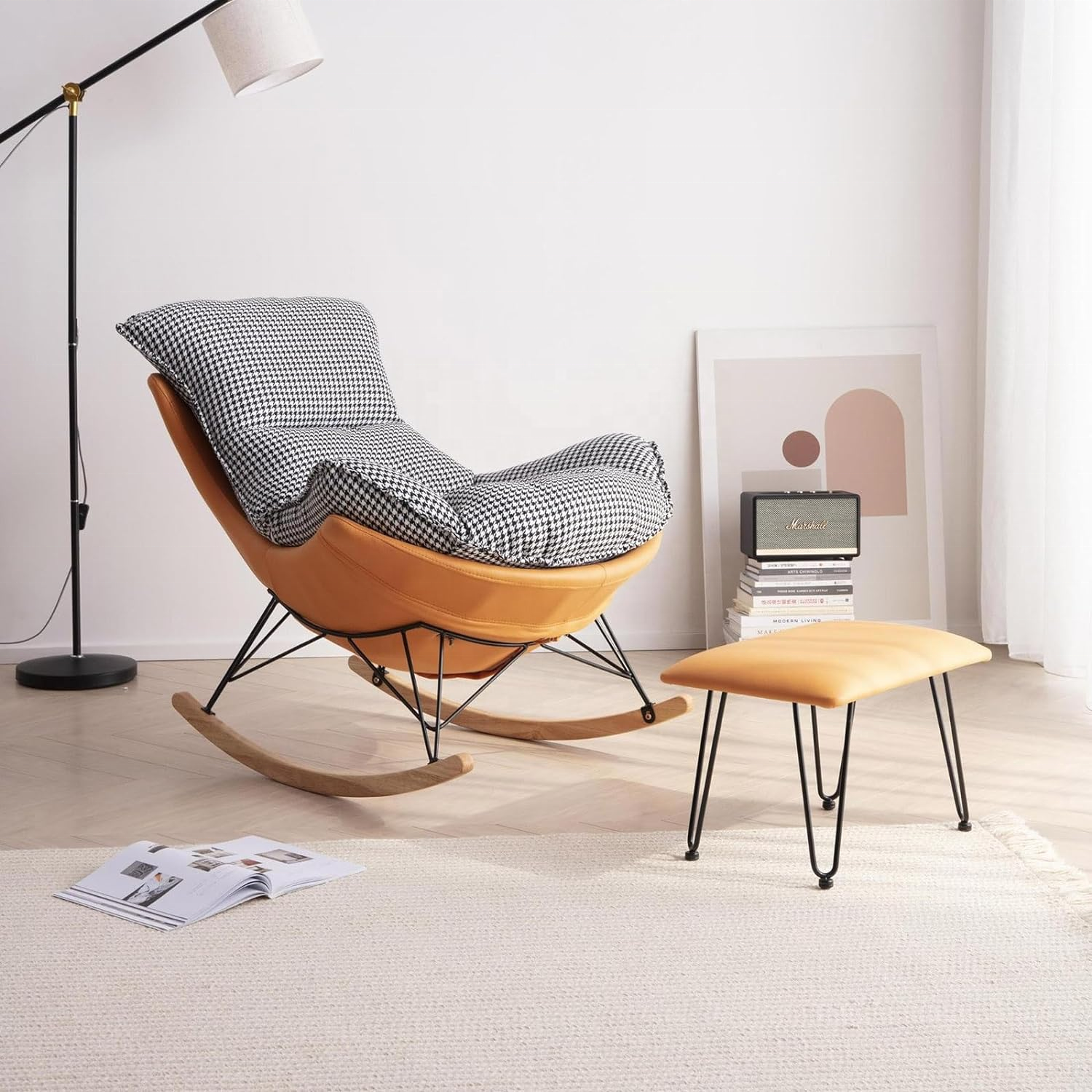 Lamb Wool With Solid Wood Frame Metal Legs Bedroom Accent Chair Rocking Chair