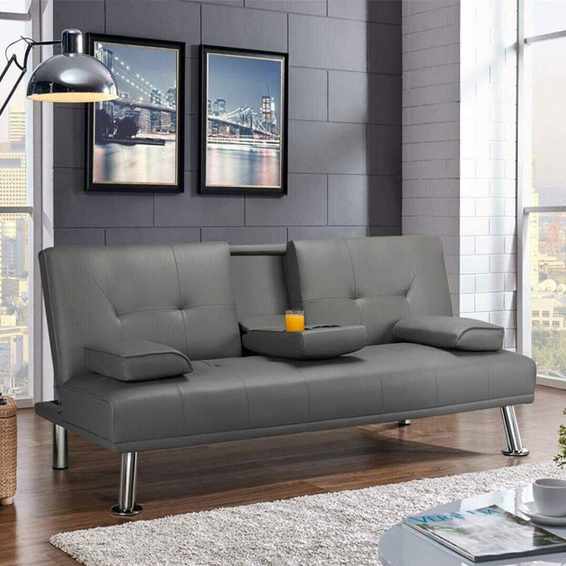 Lounge Dark Leather Couch Futon Sofa Bed Set Furniture Living Room