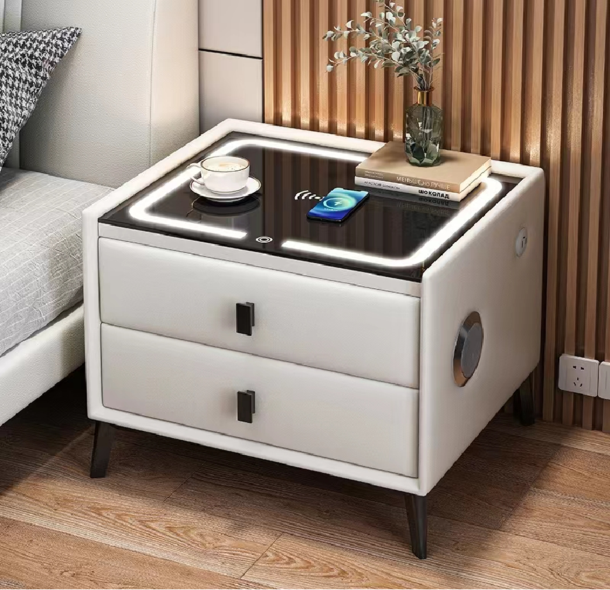 Modern Design Multifunctional Bedside Table Pine Wood Bedside Table With Led Light and Speaker