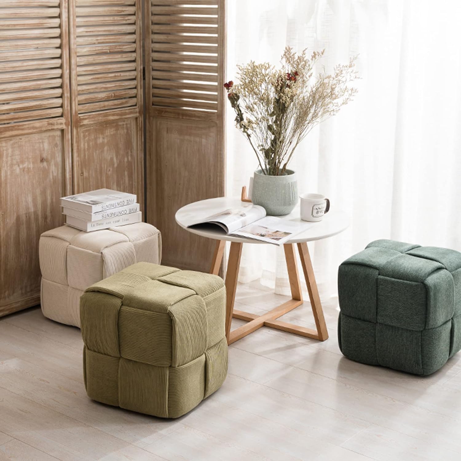Woven Upholstered Velvet Ottoman Modern Foot Rest Stools Padded Footstool Knitted Pouf Square Cube Ottoman Foot Stool