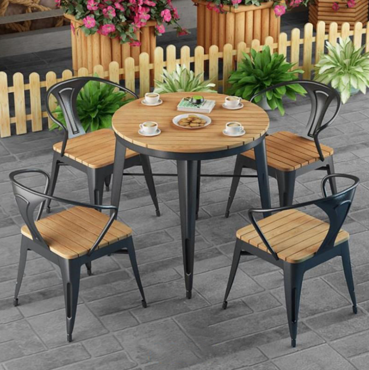 Modern Industrial Black Metal Wood Furniture Chair Patio Garden Restaurant Outdoor Dining Tables and Chairs Set