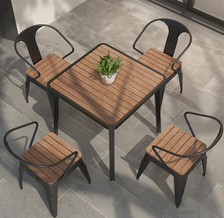 Modern Industrial Black Metal Wood Furniture Chair Patio Garden Restaurant Outdoor Dining Tables and Chairs Set