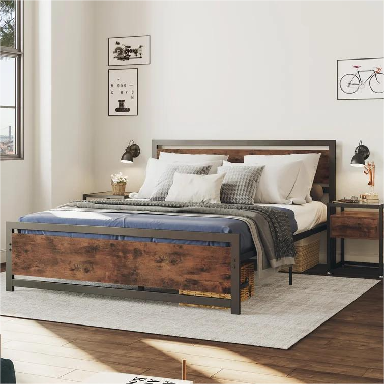 Factory Price Modern Industrial Metal Beds and Particle Board Platform Cama Steel Iron Double Bed