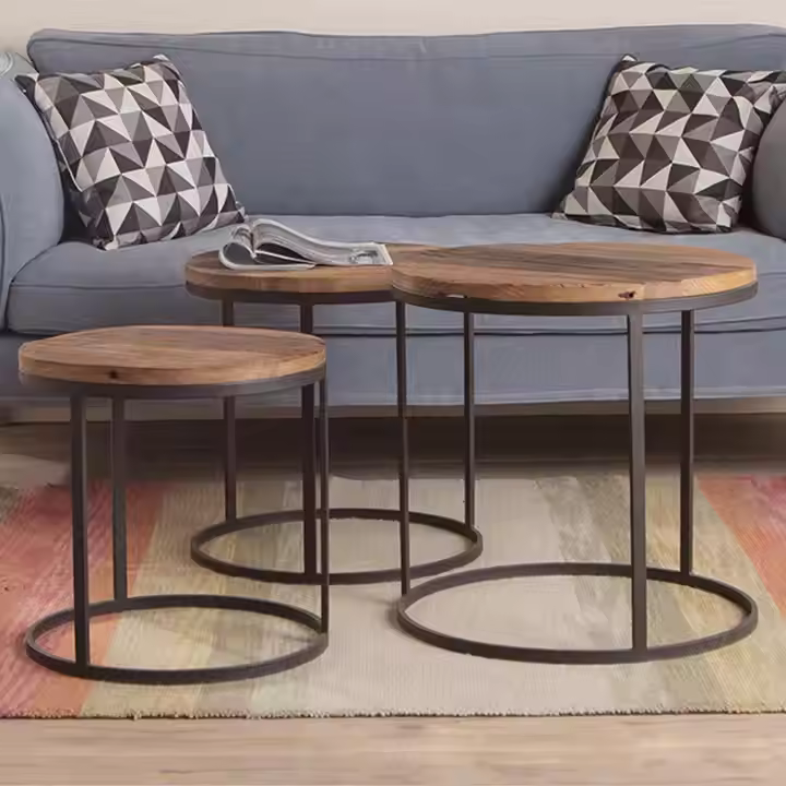 High Quality Living Room Modern Set of Wooden Top Rectangle Shape Metal Frame Side Tables