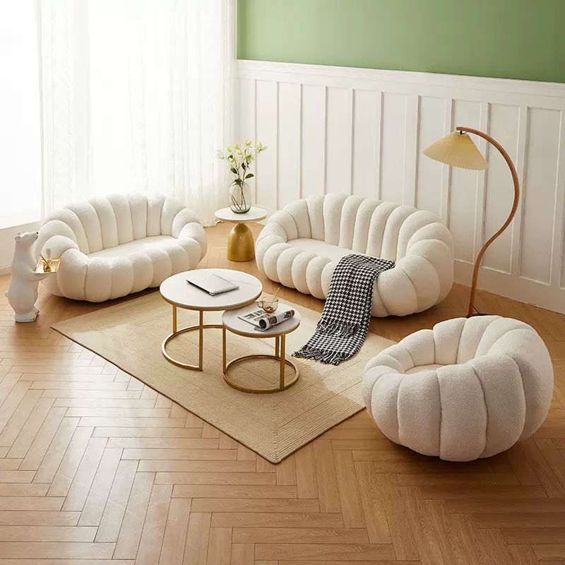 Cream White Channeled Pumpkin Shaped Boucle Swivel Lounge Chair With Footstool
