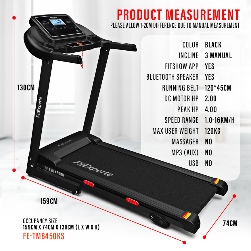 FitExperte Foldable Treadmill with FitShow Apps & Bluetooth speaker TM8450KS