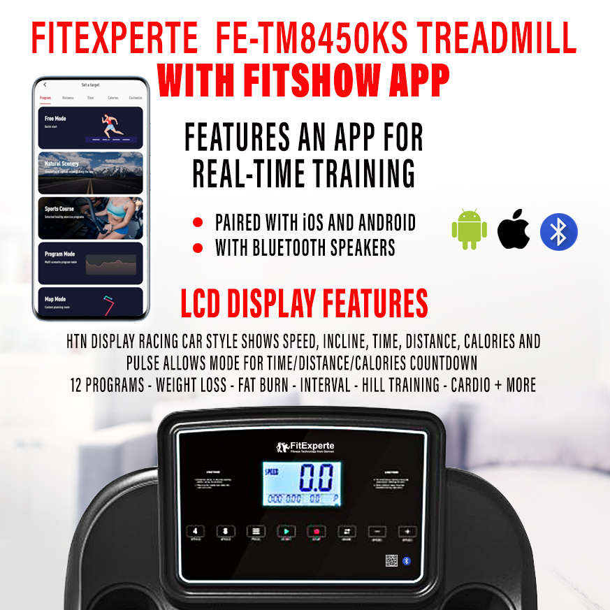 FitExperte Foldable Treadmill with FitShow Apps & Bluetooth speaker TM8450KS
