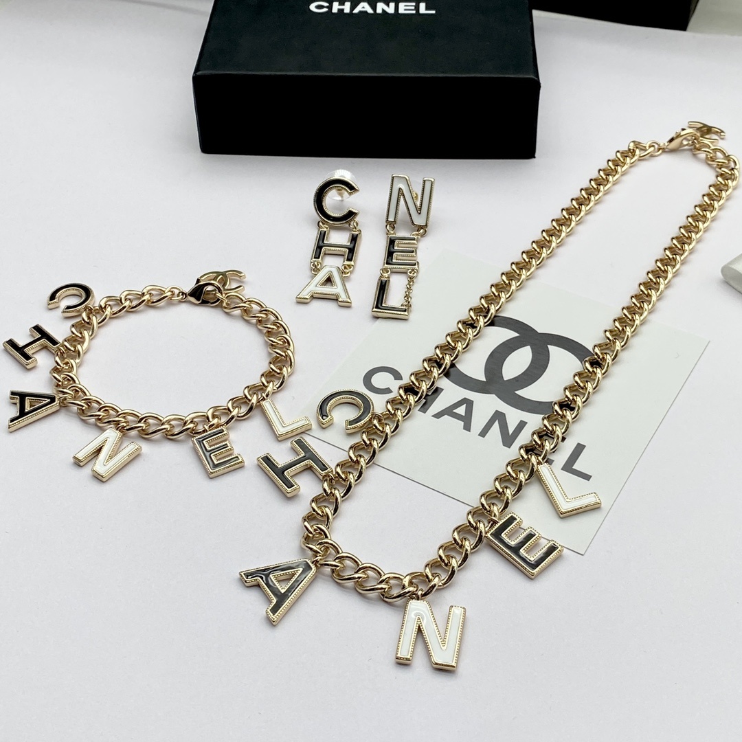 Gold-Toned Jewelry Set with Multi-Style Letter Charms (Necklace, Bracelet, Earrings)