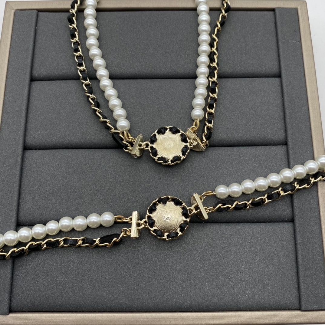 Gold-Toned Pearl & PU Leather Motif Jewelry Set (Double-Layer Necklace, Bracelet, Earrings)