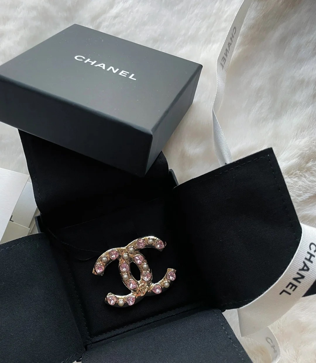 Gold-Tone Logo Brooch with Pink Heart Crystals & Pearls