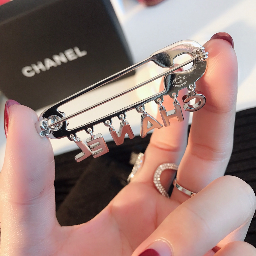  Silver-Tone Safety-Pin Brooch with Crystal Embellishments & Lettering