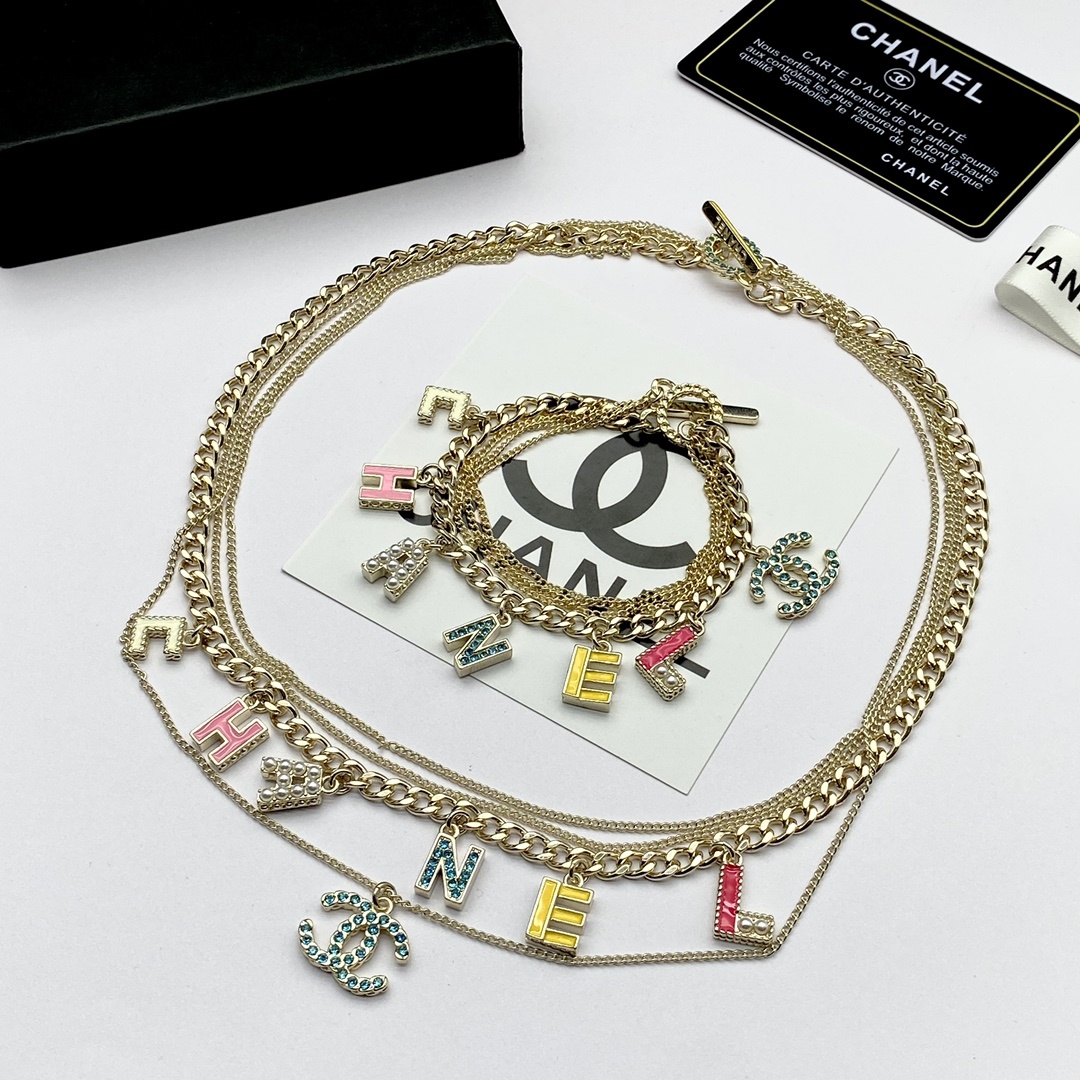 Multi-Layered Gold-Toned Chain Jewelry Set with Colorful Letter & Motif Charms