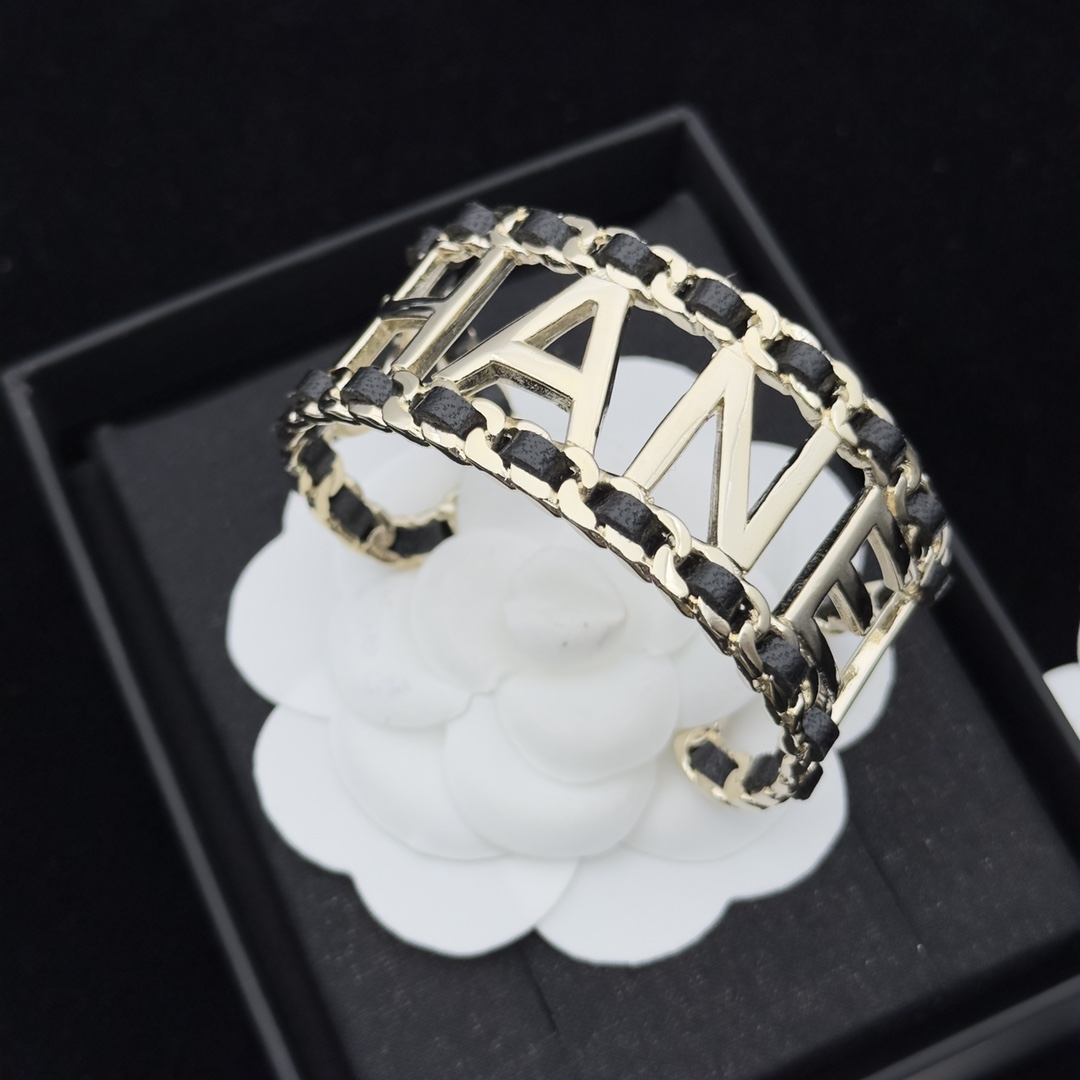 Gold-Tone & Black Leather Open Cuff Bracelet (Lettered Design)