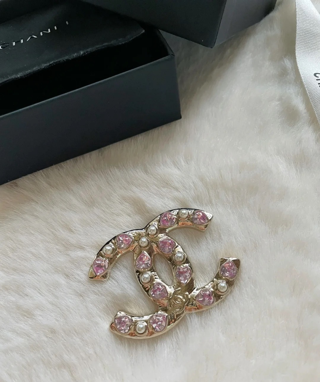 Gold-Tone Logo Brooch with Pink Heart Crystals & Pearls