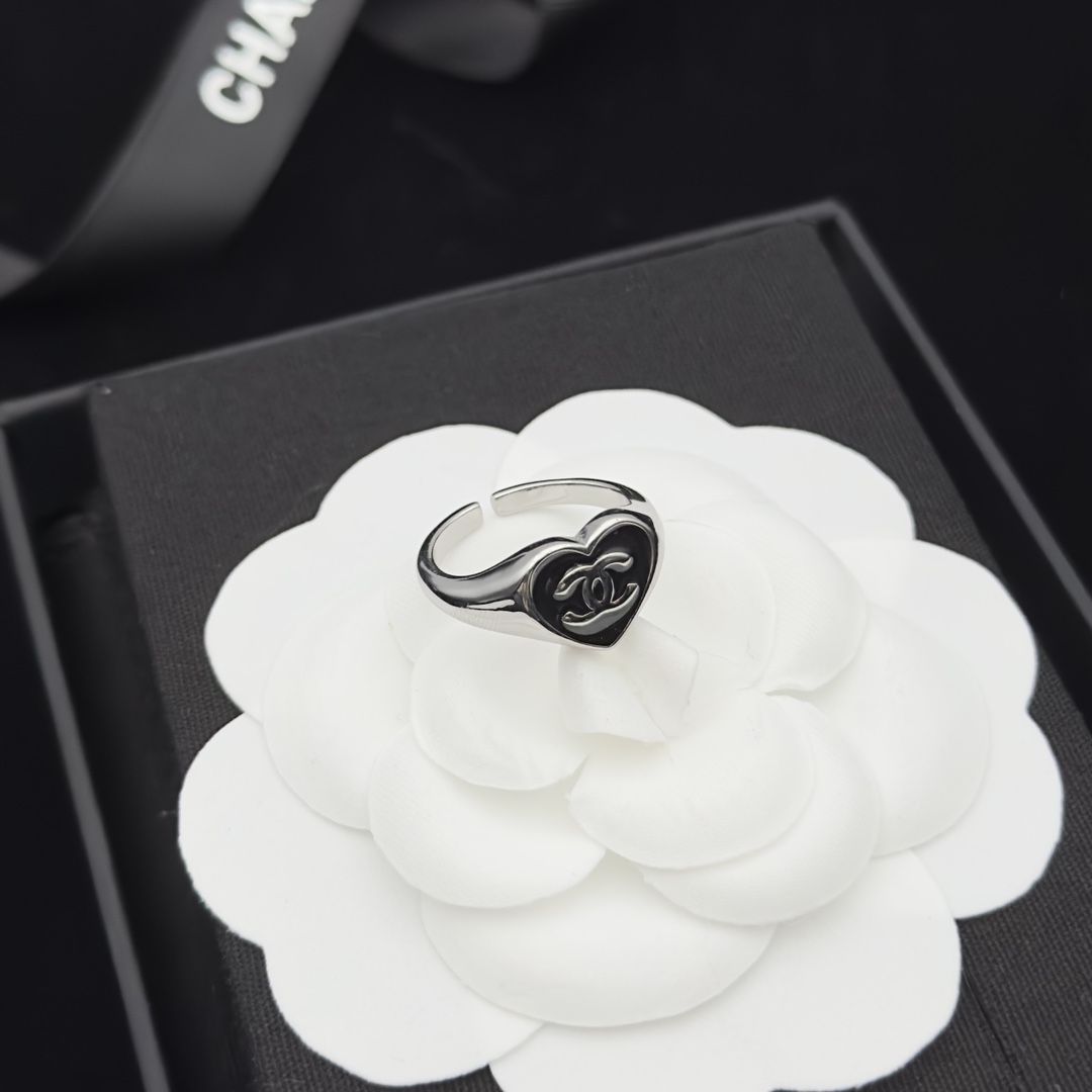 Black Enamel Open Ring with Polished Metal Accents