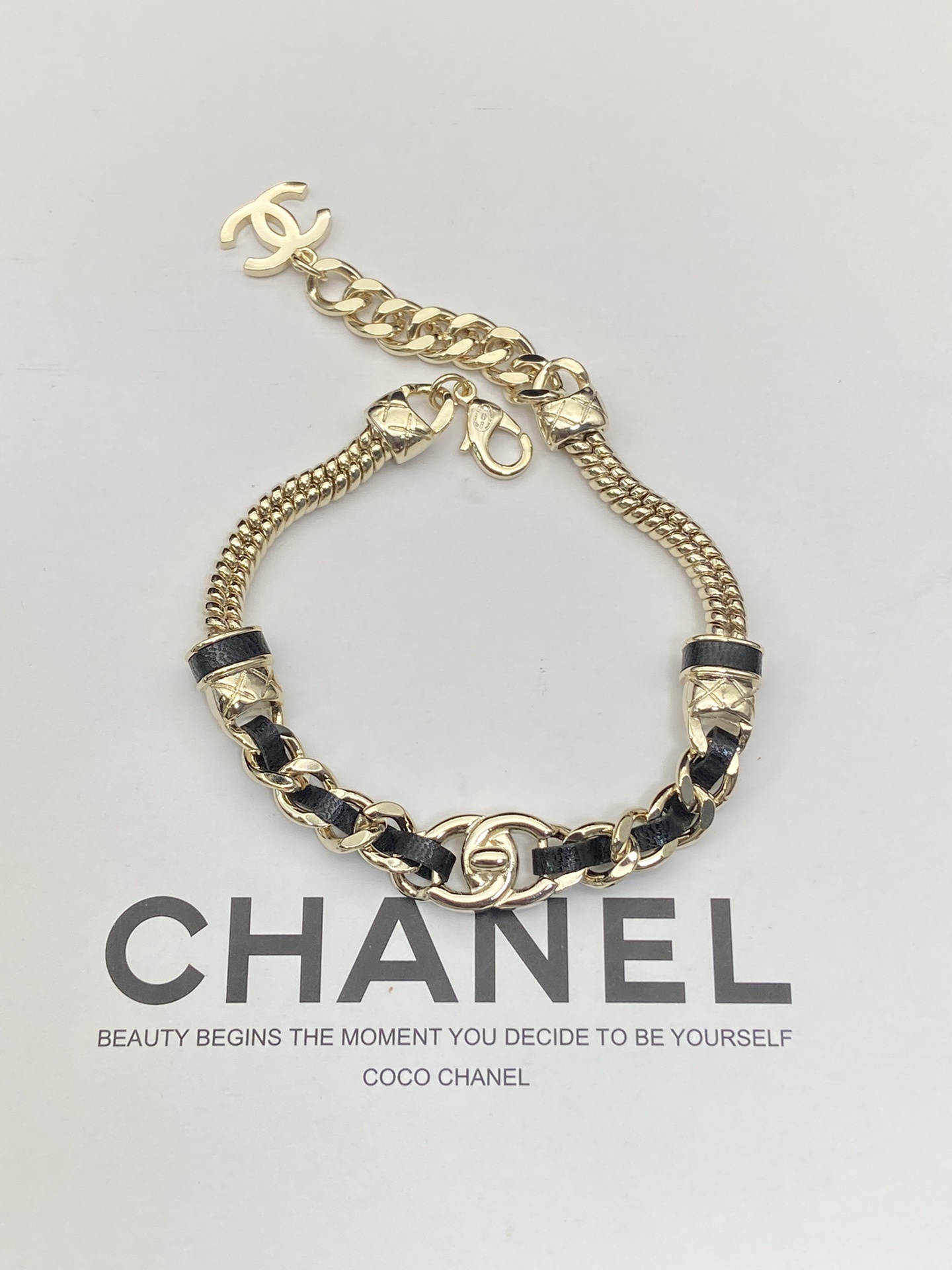  Jewelry Set with Leather and Interlocking Detail Accents in Gold and Black Tones