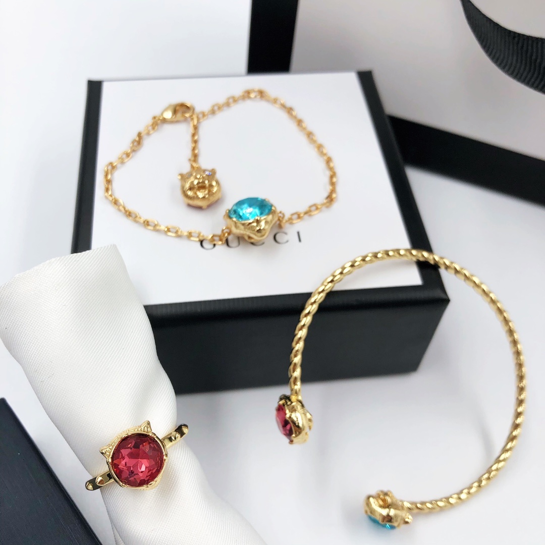 Gold-Tone Twisted Motif & Multi-Color Crystal Jewelry Set: Bracelet, Earrings, Ring & Cuff