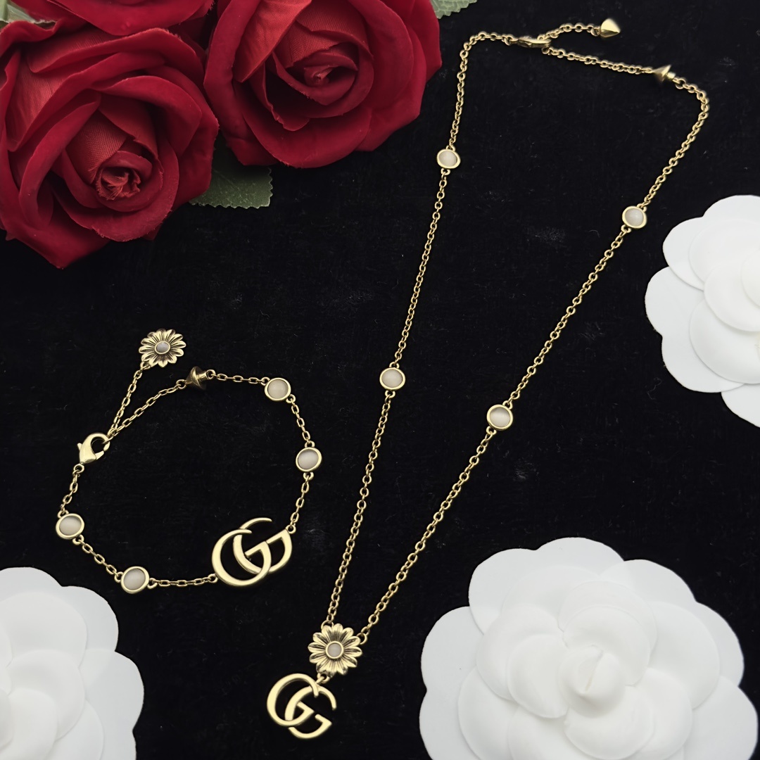 Gold-Tone Moonstone & Floral Jewelry Set: Necklace & Bracelet