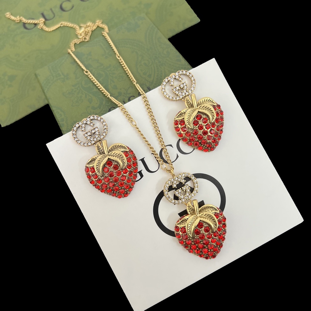 Gold-Tone Red Crystal Strawberry Jewelry Set: 2 Earring Styles, Necklace, Ring & Brooch