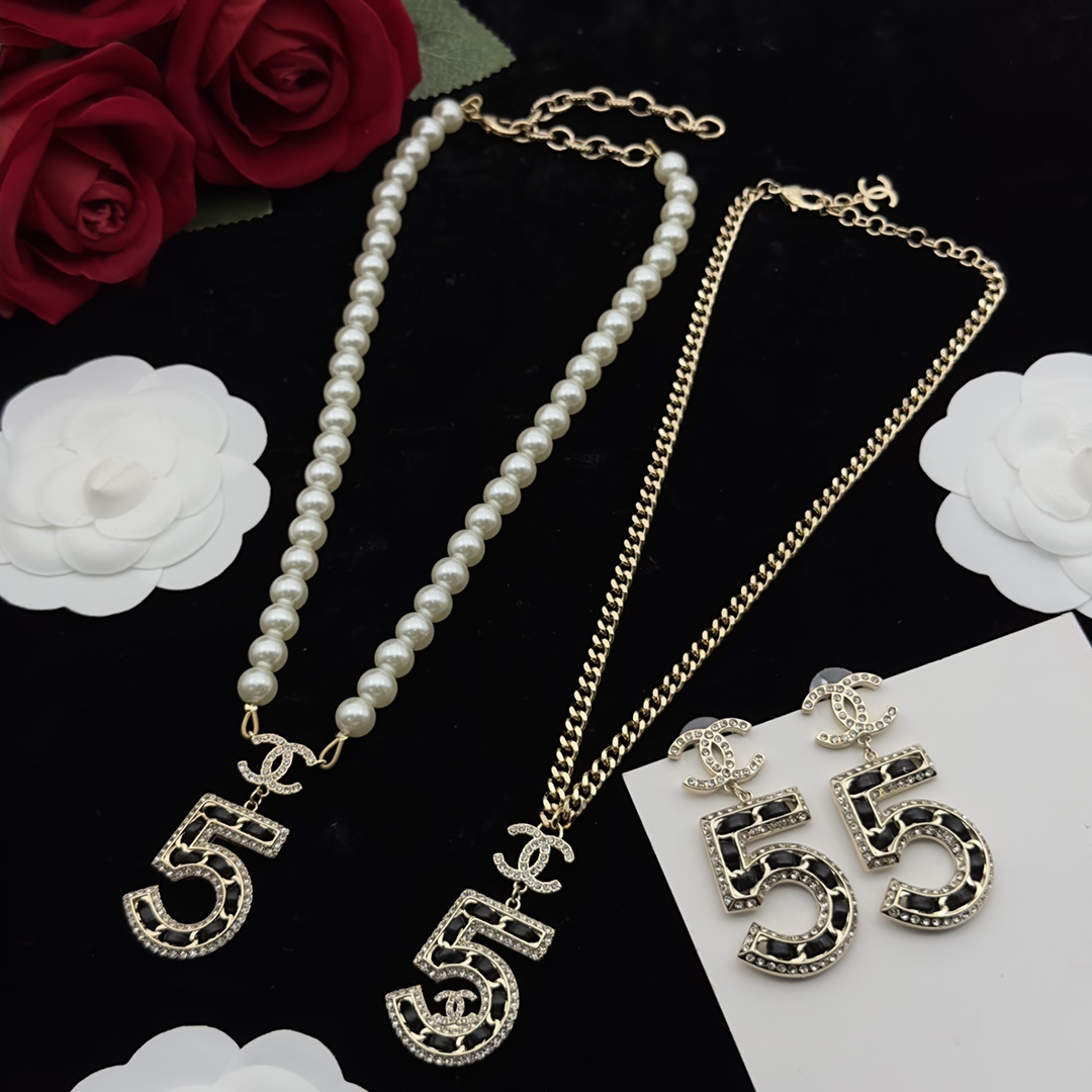 Gold-Toned Number "5" & Pearl Jewelry Set (4 Necklaces, 2 Earring Styles, Brooch)