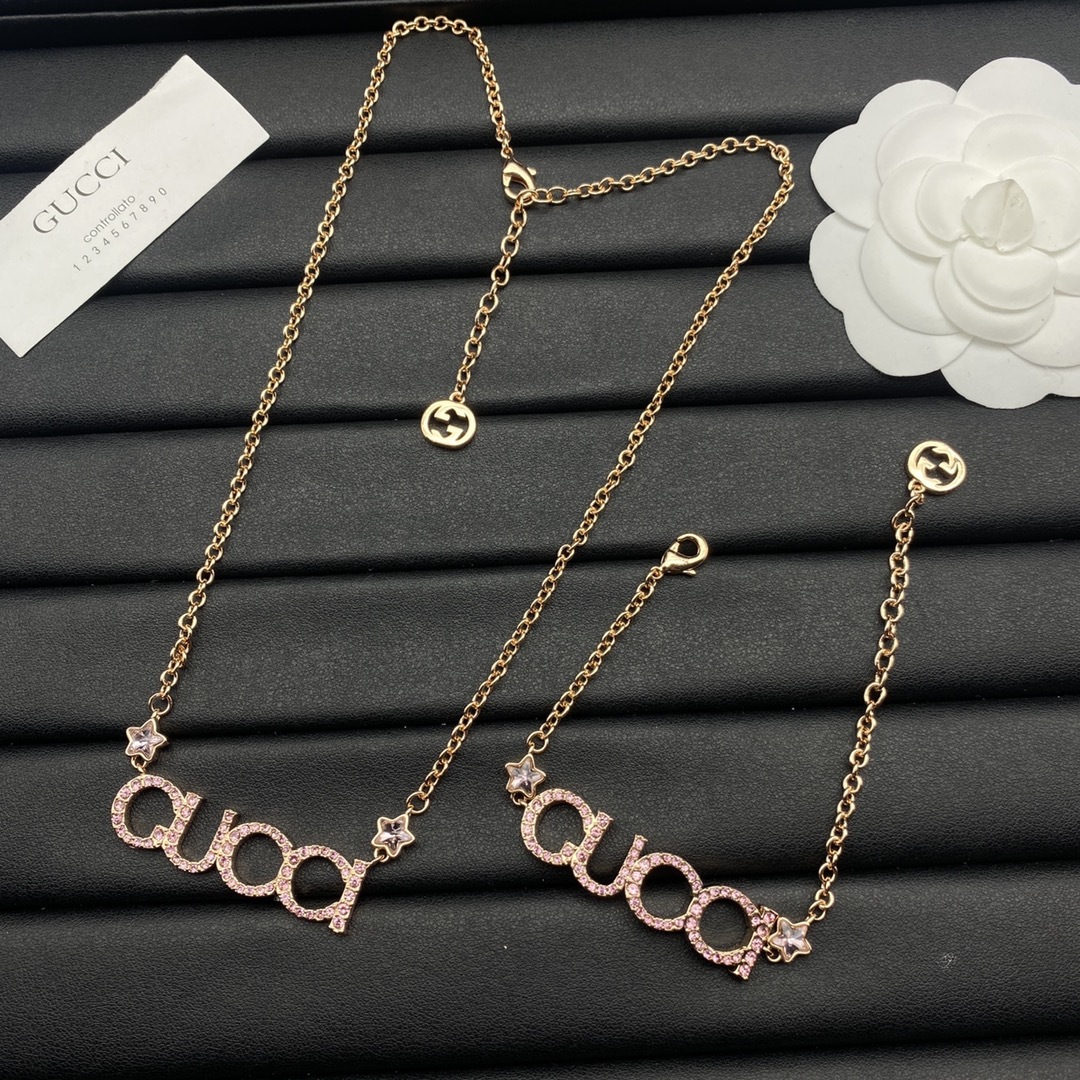 Rose Gold-Tone Pink Crystal Letter Jewelry Set: Necklace, Bracelet, Earrings, Hair Clip, Brooch & Open Ring