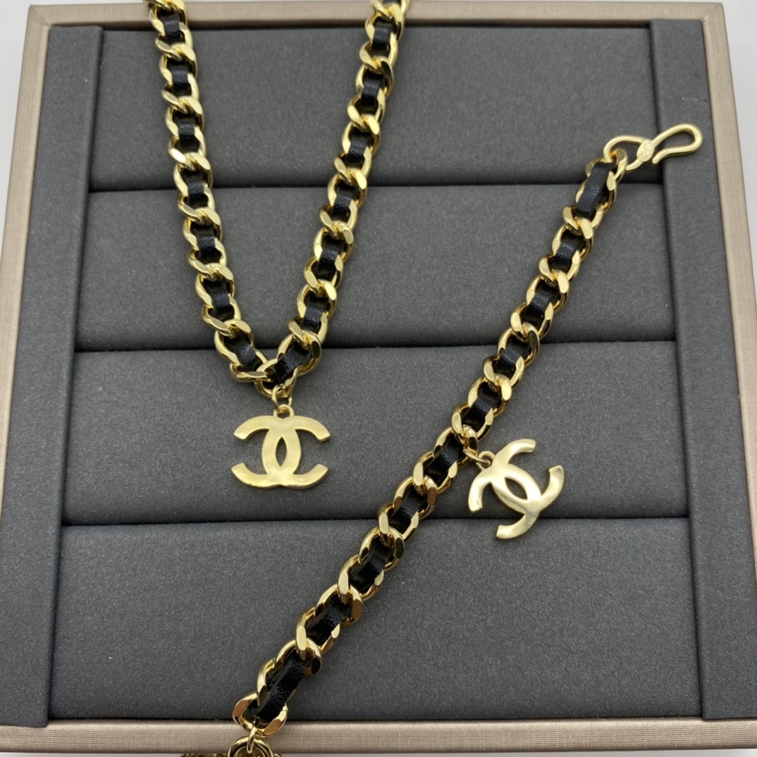 Jewelry Set with Black PU Leather, Crystal, and Interlocking Detail Accents in Gold Tones