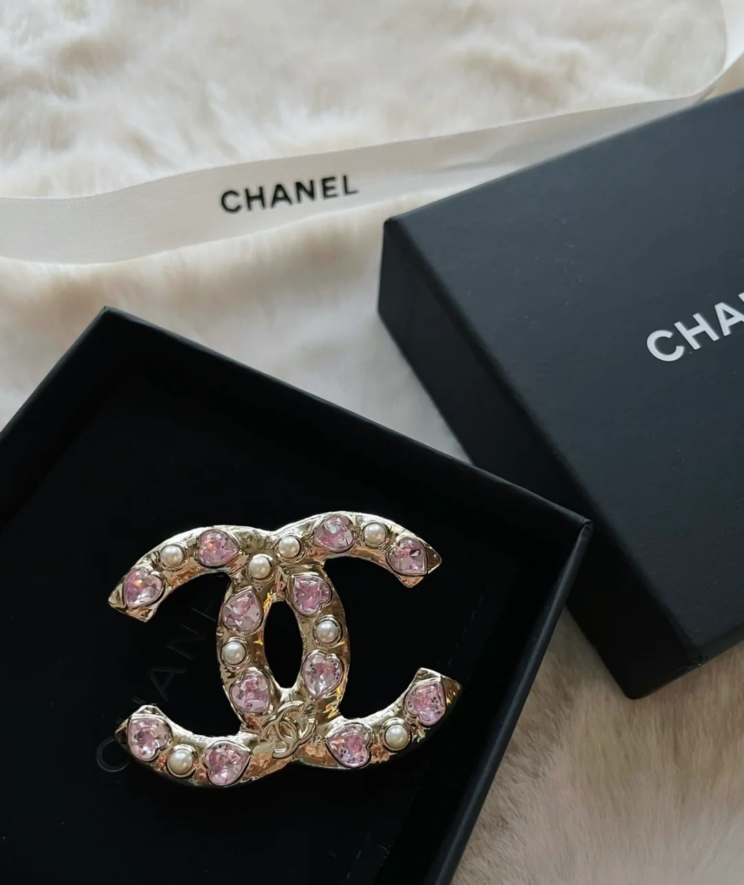 Gold-Tone Logo Brooch with Pink Heart Crystals & Pearls