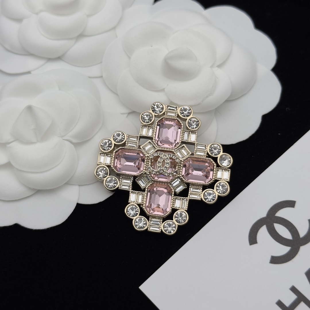 Gold-Tone Cross-Shaped Brooch with Pink & Clear Crystals