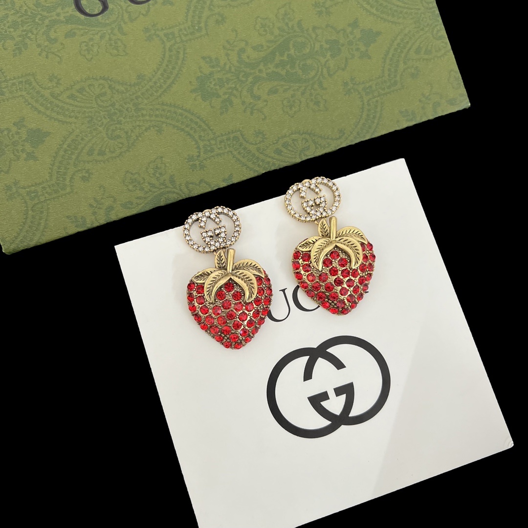 Gold-Tone Red Crystal Strawberry Jewelry Set: 2 Earring Styles, Necklace, Ring & Brooch