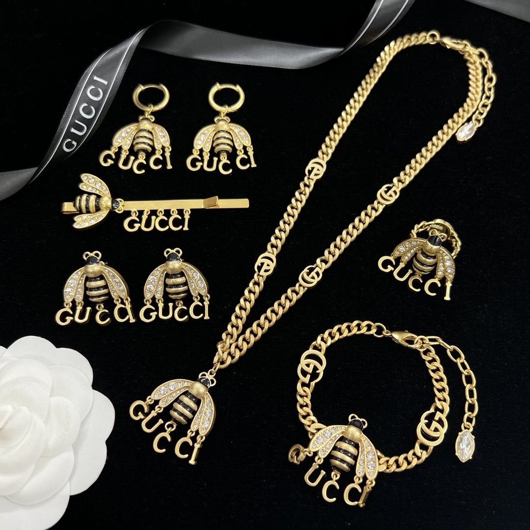 Gold-Tone Bee & Letter Jewelry Set: Necklace, Bracelet, 2 Earring Styles, Hair Clip & Ring