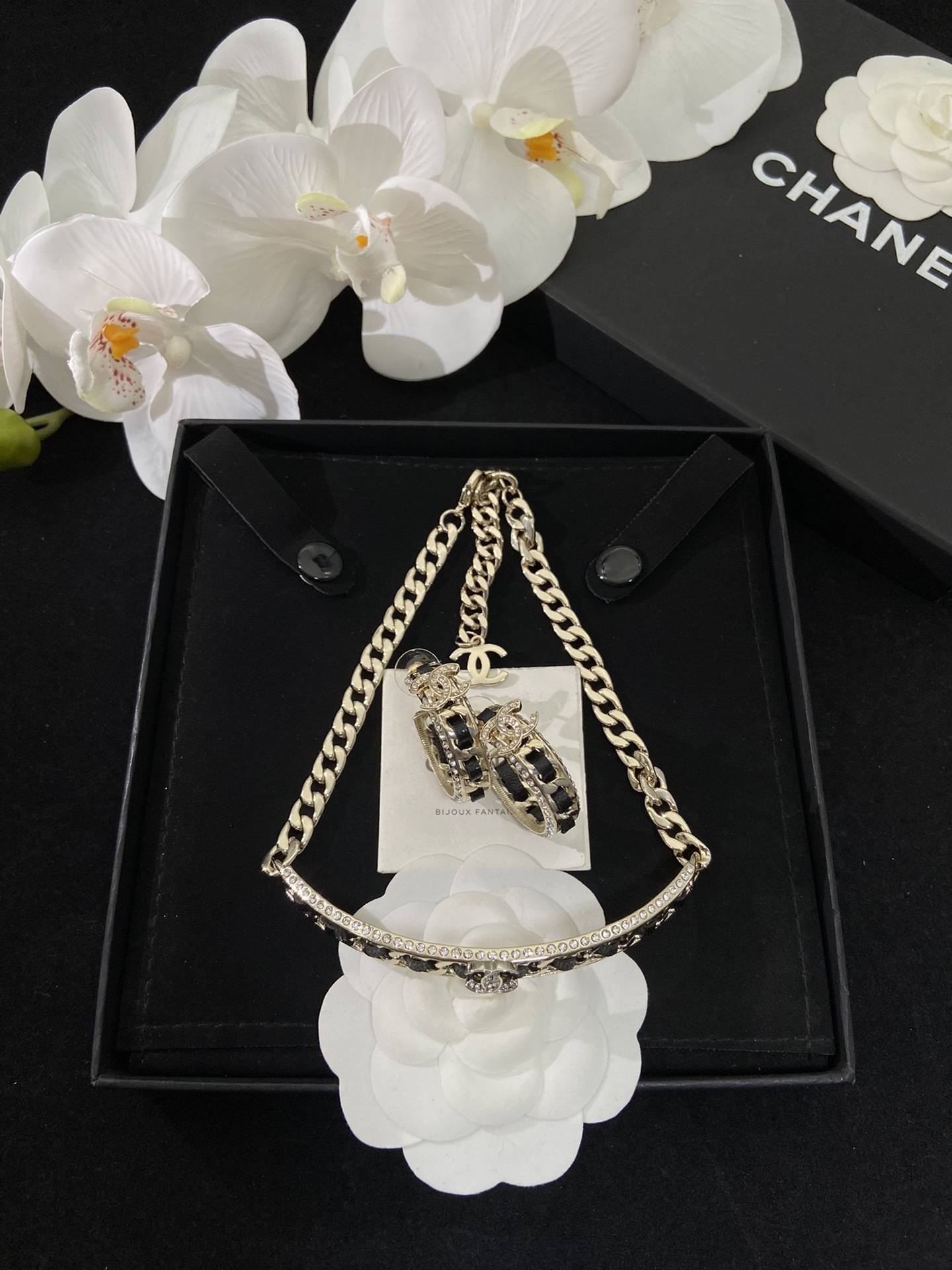 Black PU Leather Choker Necklace & Hoop Earrings Set with Crystal Accents in Gold Tones