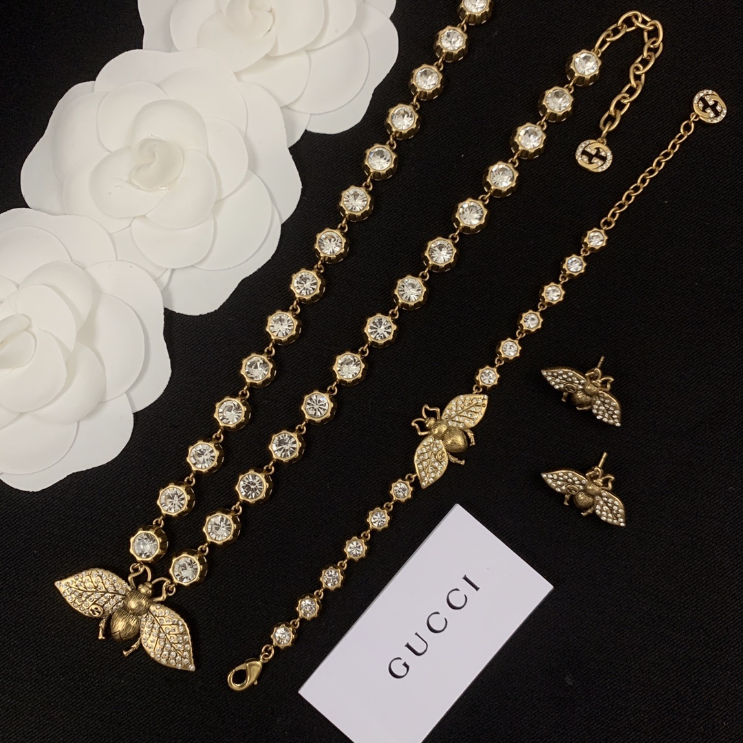 Gold-Tone Crystal Bee Jewelry Set: Necklace, Bracelet & Earrings