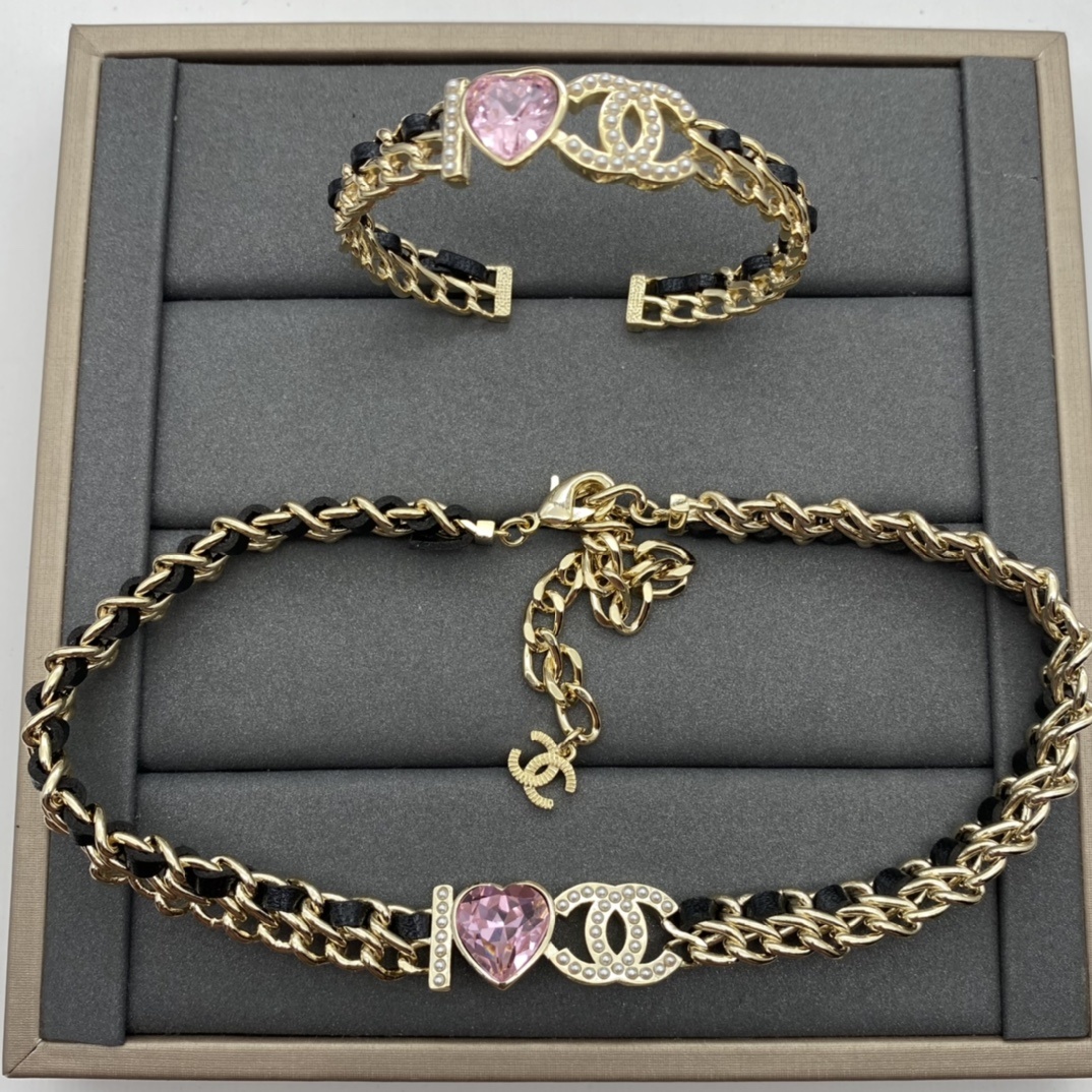Black PU Leather Jewelry Set with Pink Heart & Crystal Accents in Gold Tones