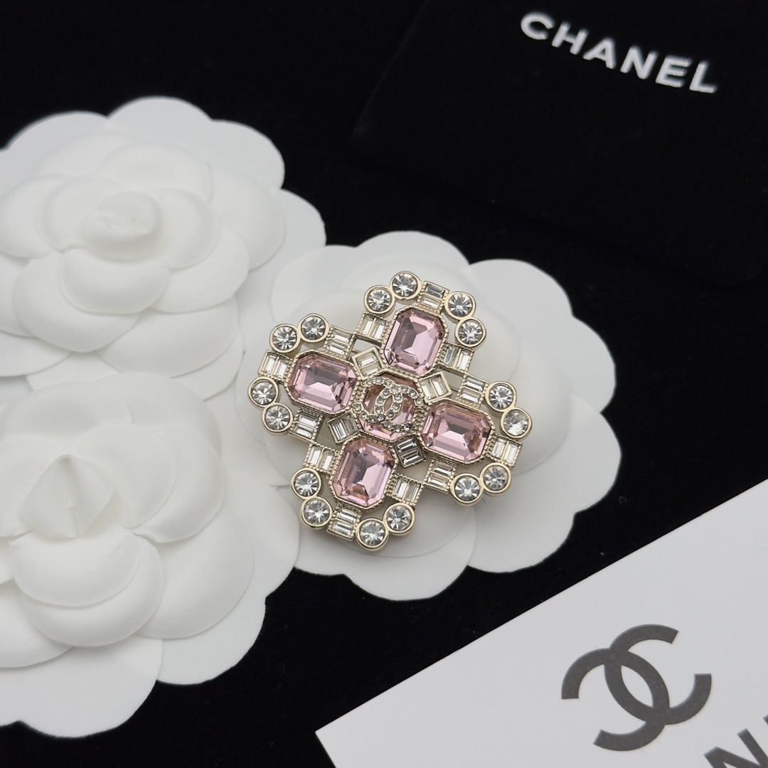 Gold-Tone Cross-Shaped Brooch with Pink & Clear Crystals