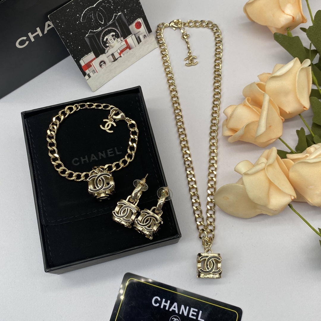 Black & White Enamel Letter Jewelry Set (Necklace, Bracelet, Earrings) in Gold Tones