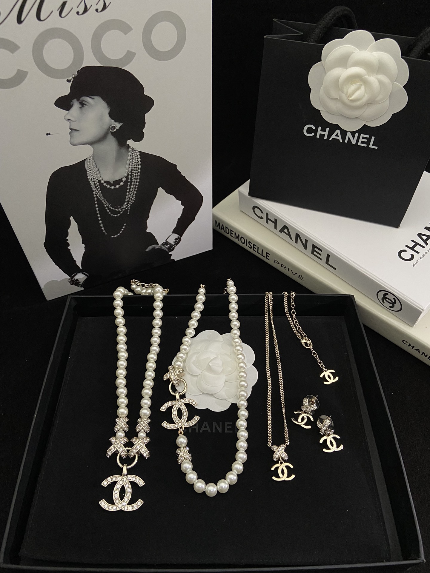 Gold-Toned Pearl & Crystal Motif Jewelry Set (3 Necklaces, Earrings)