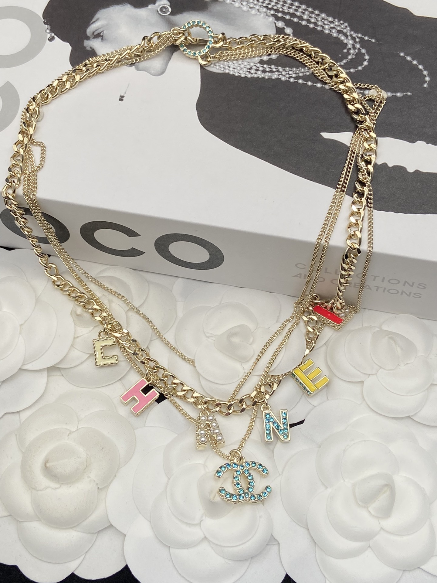 Multi-Layered Gold-Toned Chain Jewelry Set with Colorful Letter & Motif Charms