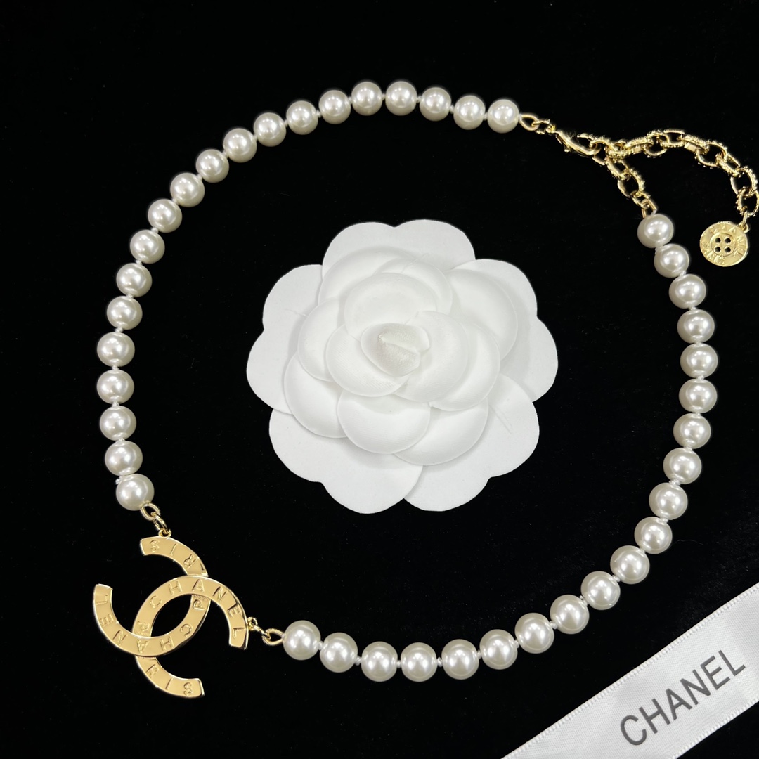 Gold-Toned Pearl & Logo-Motif Jewelry Set (Necklace, 2 Earring Styles, Brooch)