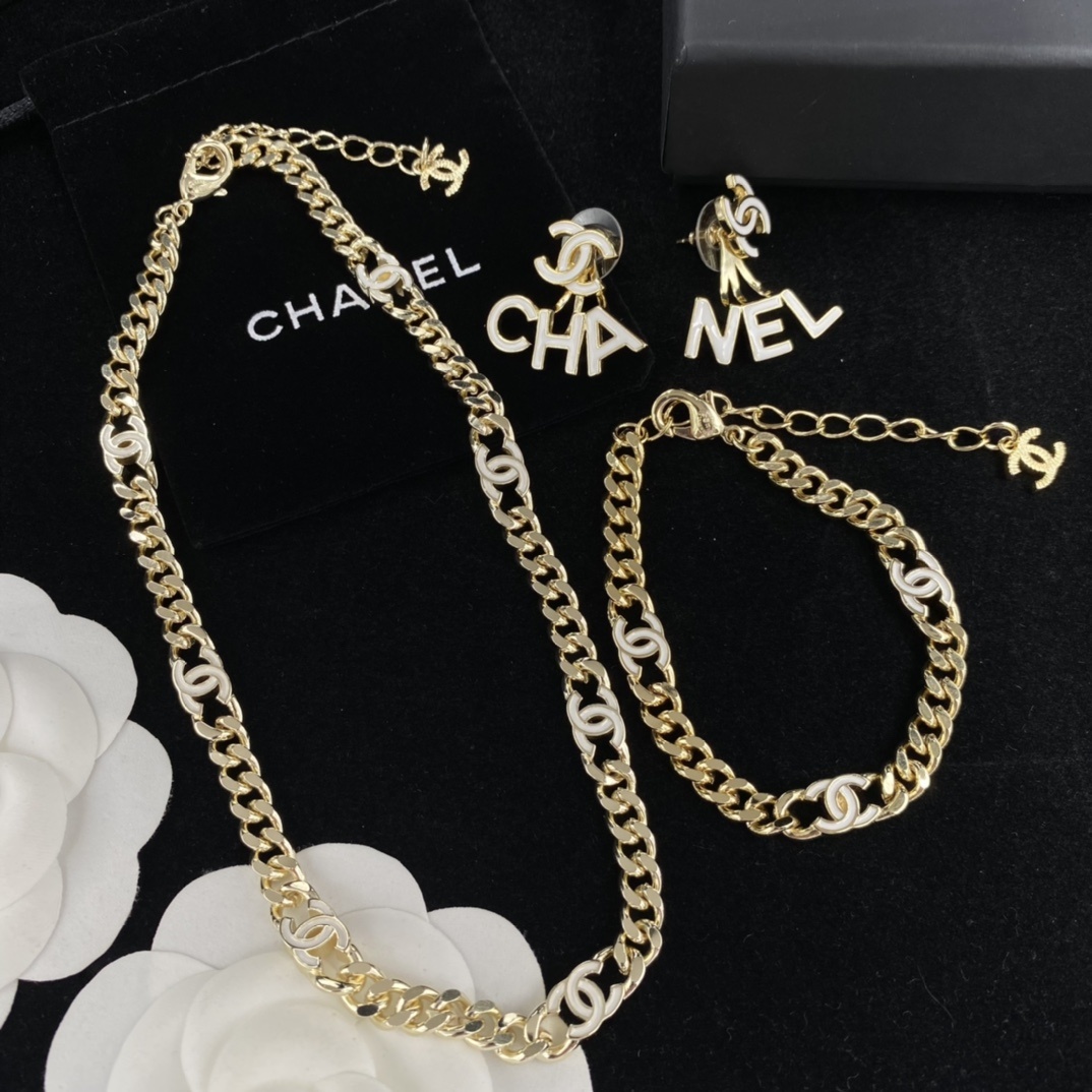 Gold-Toned Chain Jewelry Set (Necklace, Bracelet, Earrings) with White Enamel Letter Motifs