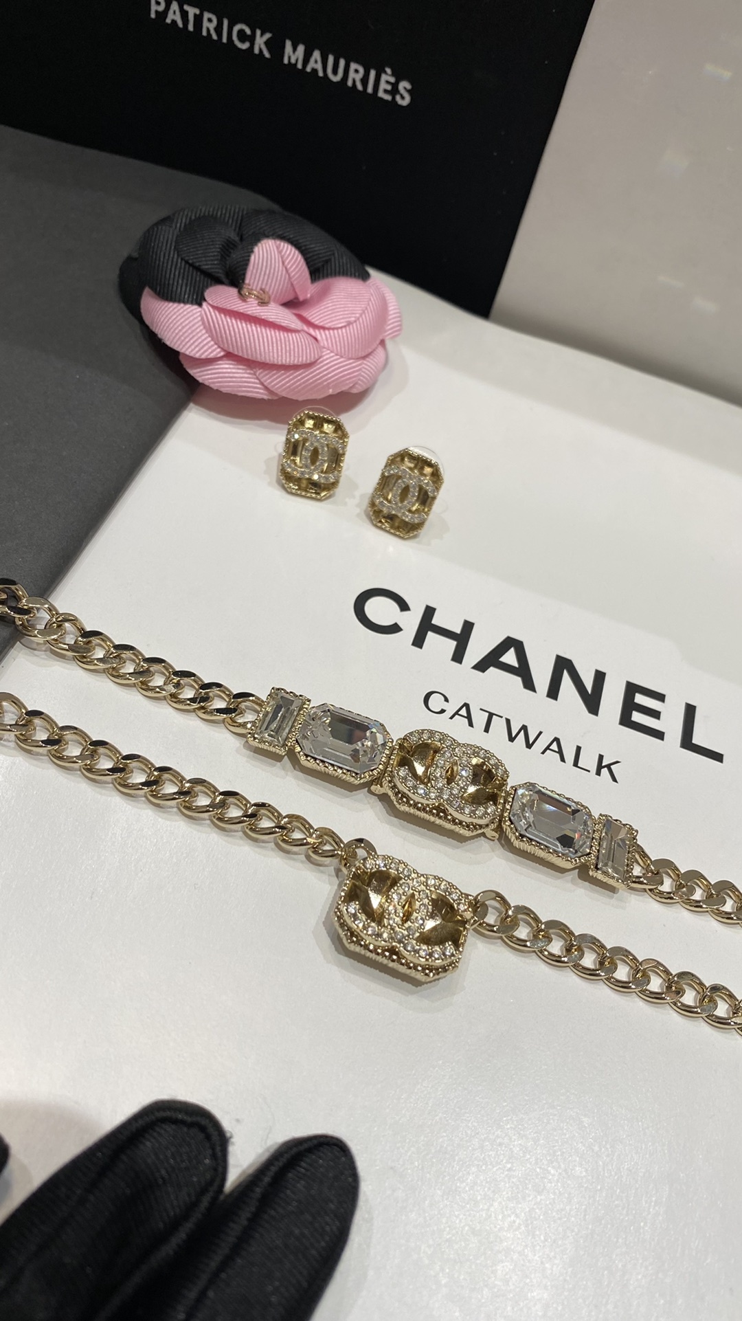 Double-Layered Gold-Toned Chain Jewelry Set with Crystal-Accented Motifs (2 Necklaces, Earrings)