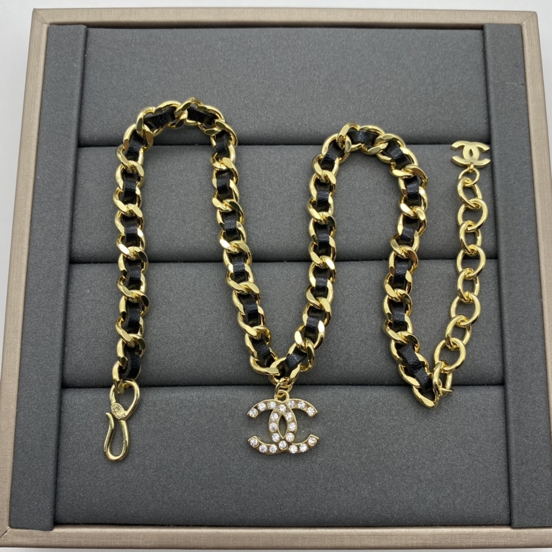 Jewelry Set with Black PU Leather, Crystal, and Interlocking Detail Accents in Gold Tones