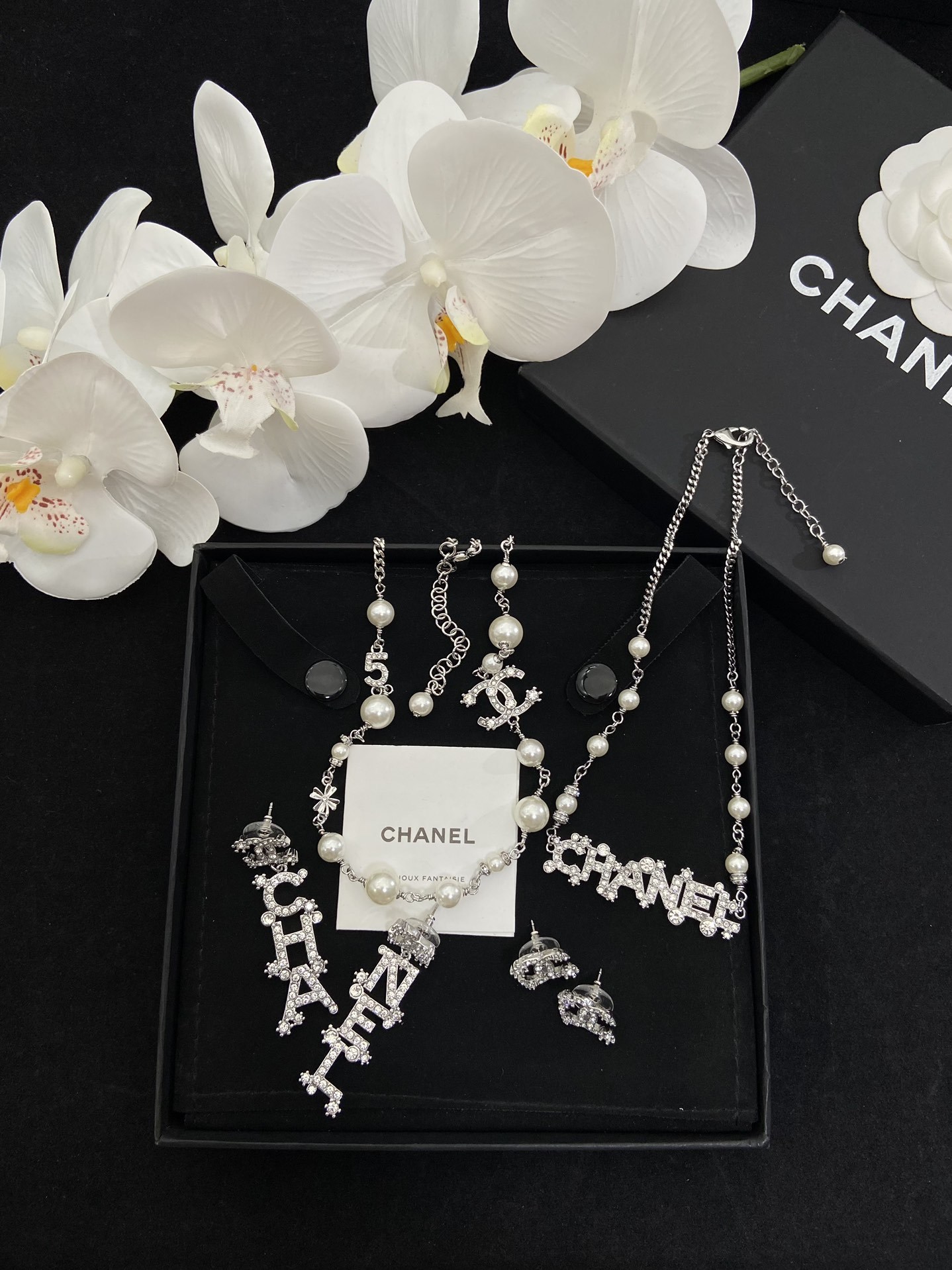 Silver-Toned Jewelry Set with Pearl & Letter Motifs (4 Necklaces, 2 Earring Styles, Open Cuff Bracelet)